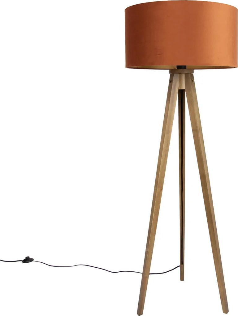 Vloerlamp hout met kap oranje een gouden binnenkant 50cm - Tripod Classic