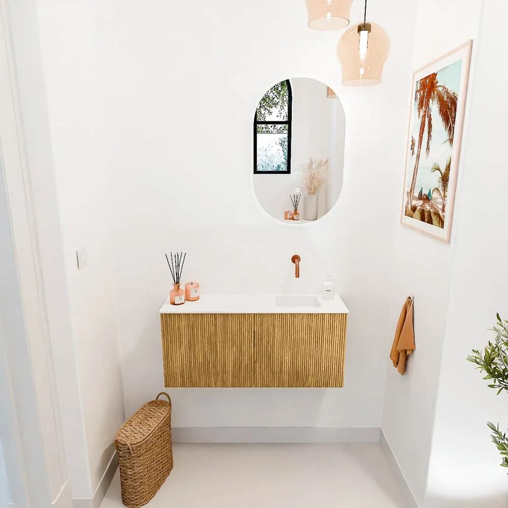 Mondiaz Joya 90cm toiletmeubel oak met wastafel faye rechts zonder kraangat talc