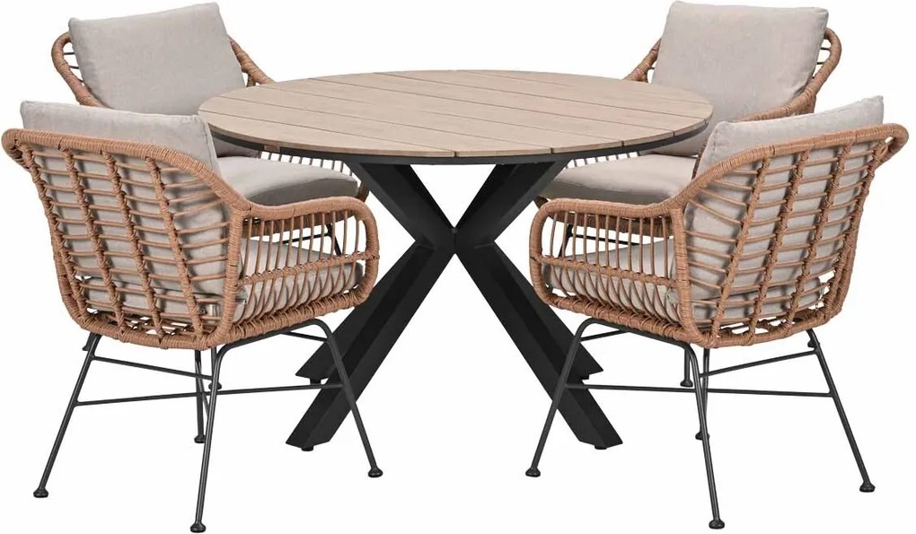 Garden Impressions Lucas tuinset bruin 5-delig - Tulli tuintafel light teak look Ø122 cm