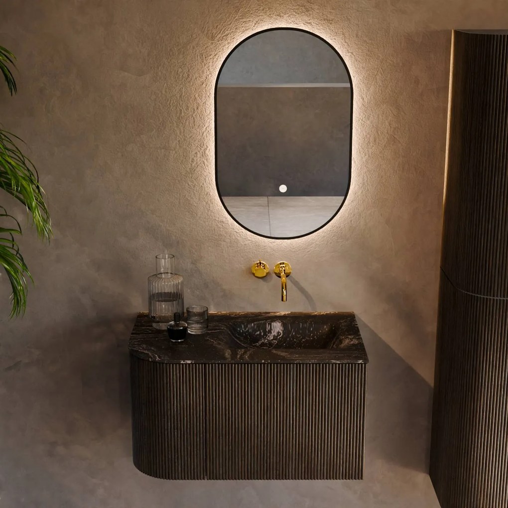 Mondiaz Kurve-dlux 75cm badmeubel ronding links shadow met 1 lade en deur en wastafel grunne rechts zonder kraangat lava