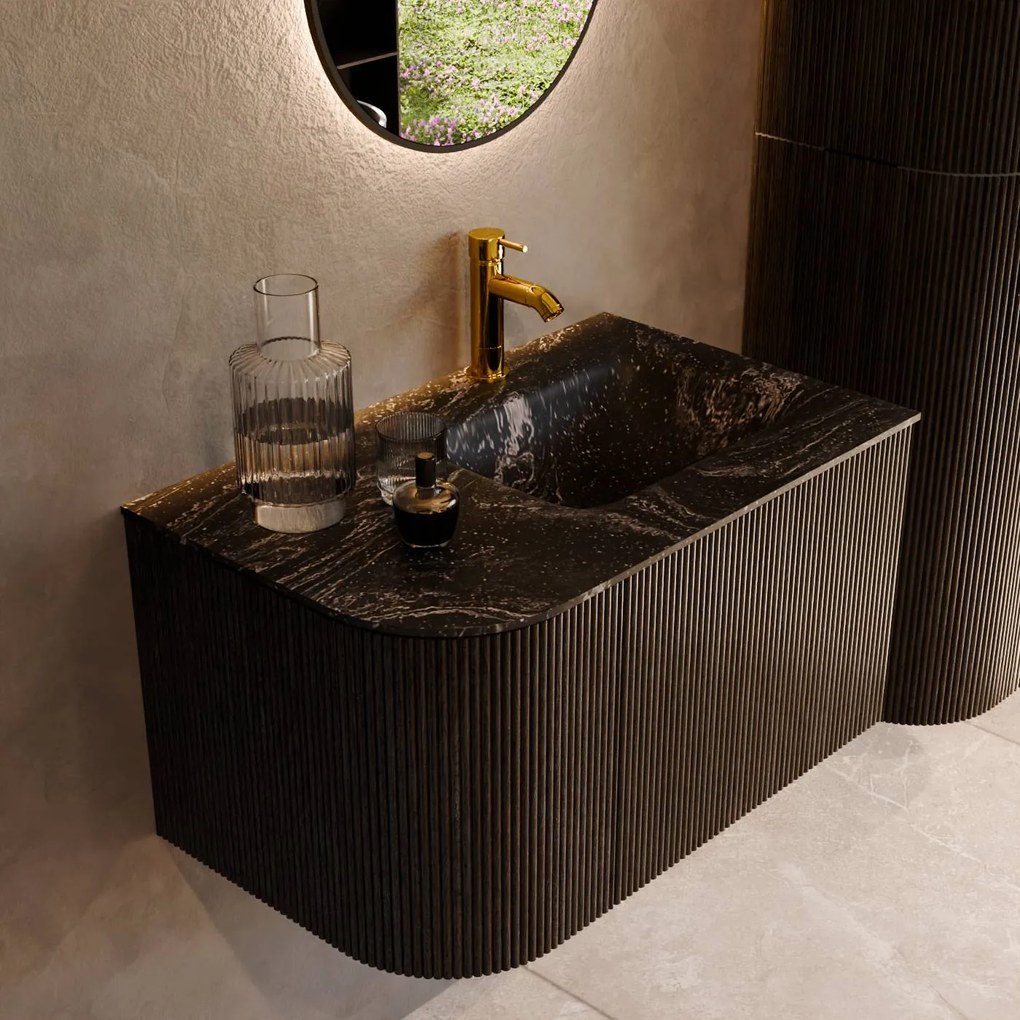 Mondiaz Kurve-dlux 75cm badmeubel ronding links shadow met 1 lade en deur en wastafel grunne kraangat rechts lava