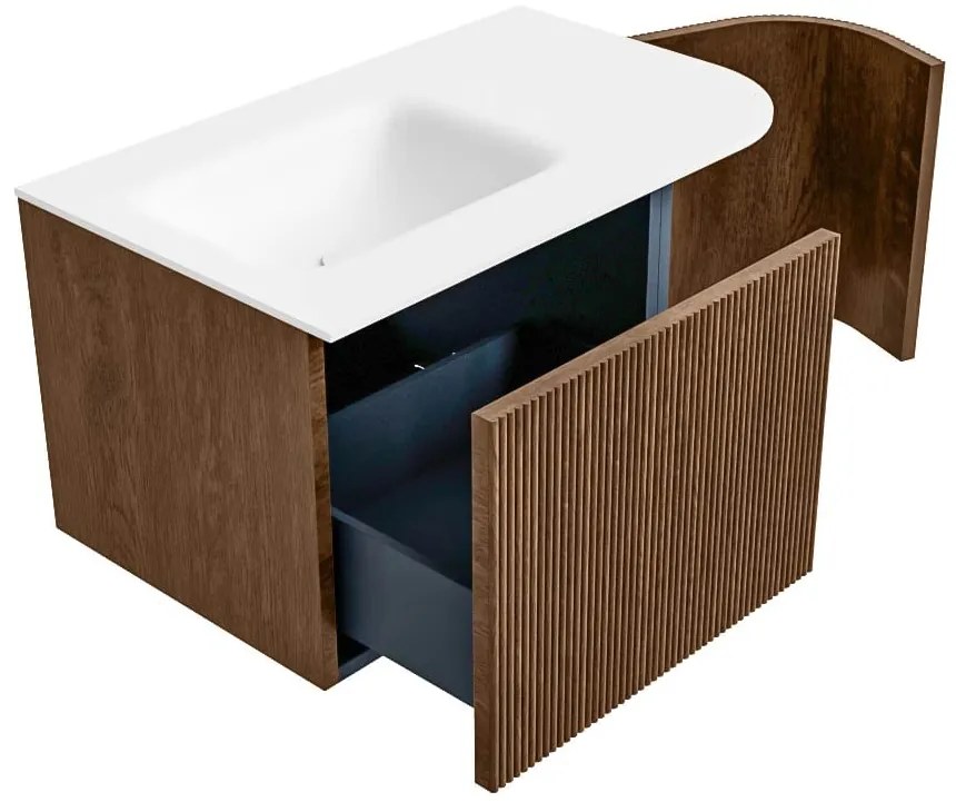 Mondiaz Kurve 75cm badmeubel ronding rechts walnut met 1 lade en deur en wastafel grunne kraangat links