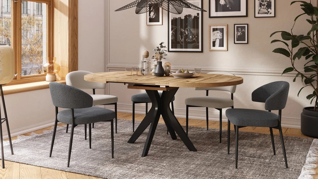 RENZO Wotan Eiken/zwarte poot - RONDE TAFEL Ø110 UITKLAPBAAR TOT 180 cm | VOOR DE KEUKEN EETKAMER WOONKAMER RETRO