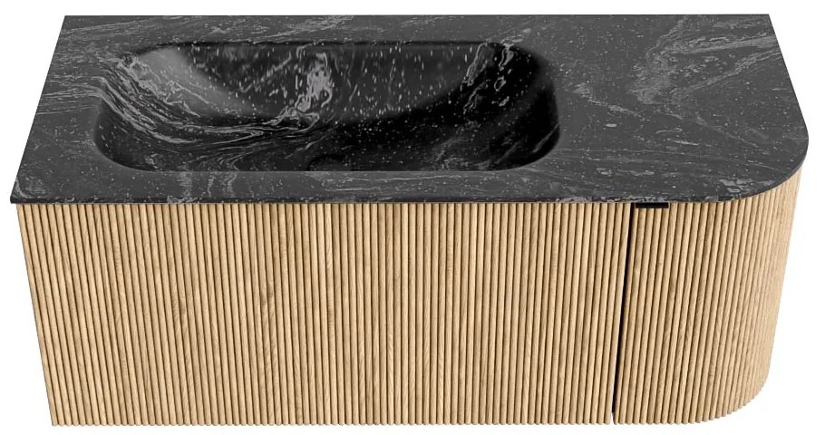 Mondiaz Kurve-dlux 105cm badmeubel ronding rechts oak met 1 lade en deur en wastafel big small links zonder kraangat lava