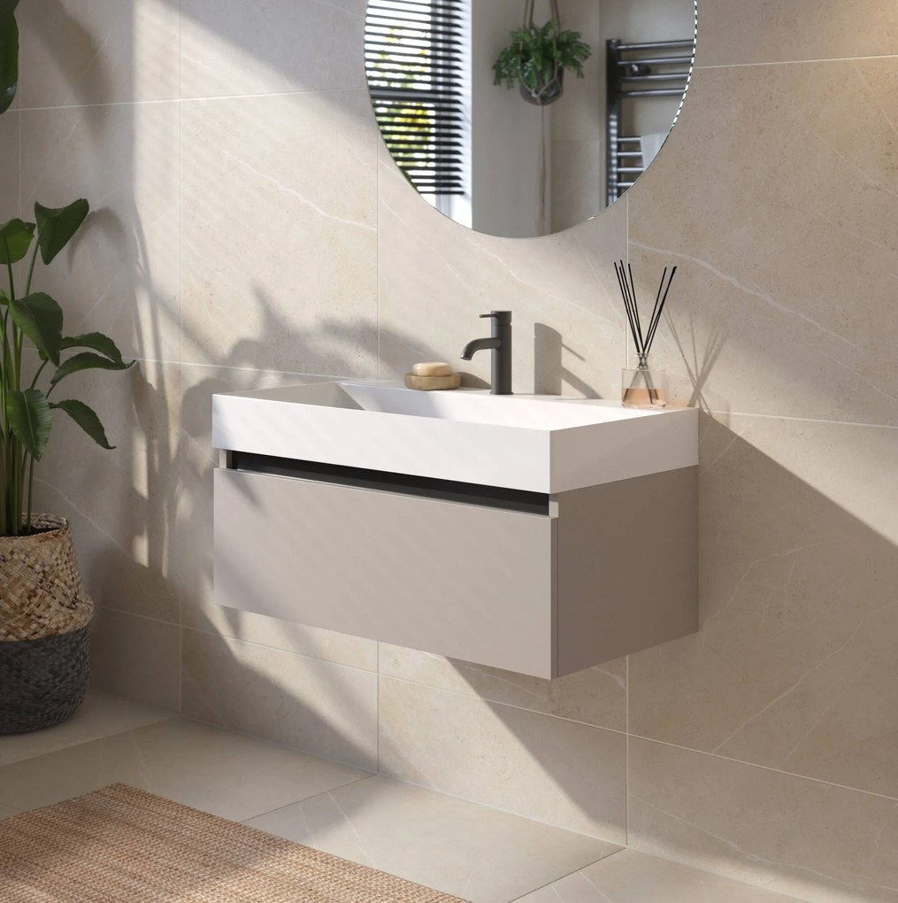 Saqu Gaia badmeubel incl. glans witte wastafel 80x46x39cm mat greige – zwarte greeplijst