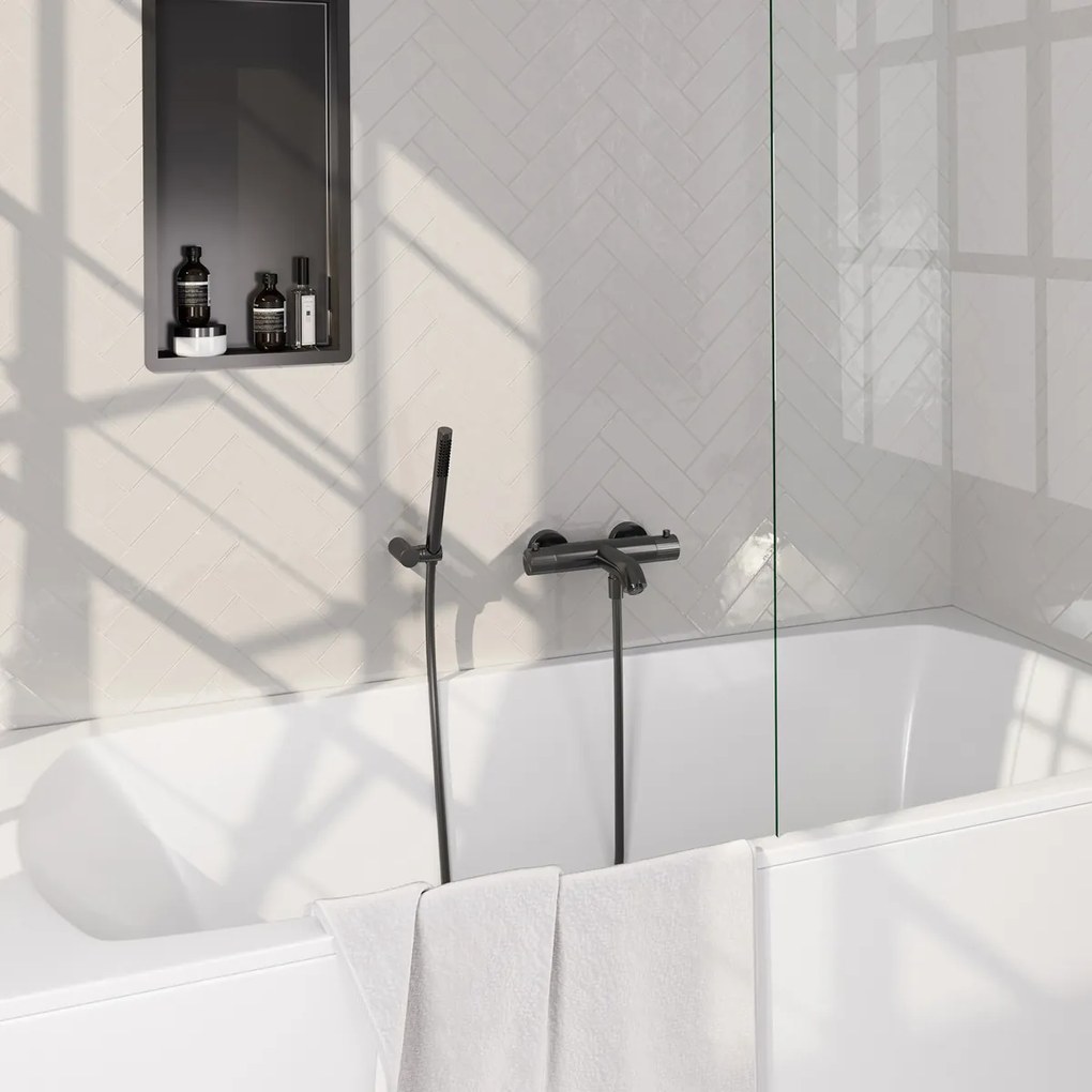 Brauer Stripe thermostatische badkraan met wandhouder en staafhanddouche gunmetal geborsteld PVD