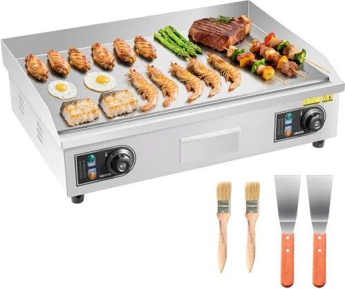 VEVOR elektrische grillplaat 4000 W, grilloppervlak 655 x 400 mm, temperatuurbereik 50-300 °C, roestvrijstalen gastrogrillplaat (behuizing), tafelmodel grillplaat met 2 spatels, 2 borstels en 4 voetjes voor steaks en barbecue. Stekker niet inbegrepen.