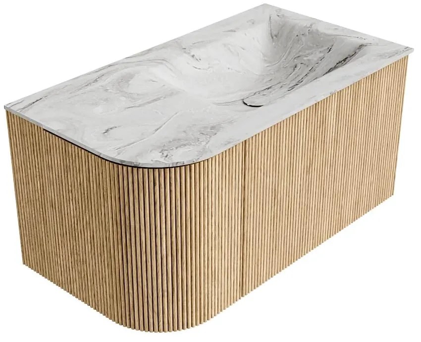 Mondiaz Kurve-dlux 85cm badmeubel ronding links oak met 1 lade en deur en wastafel cloud rechts zonder kraangat glace