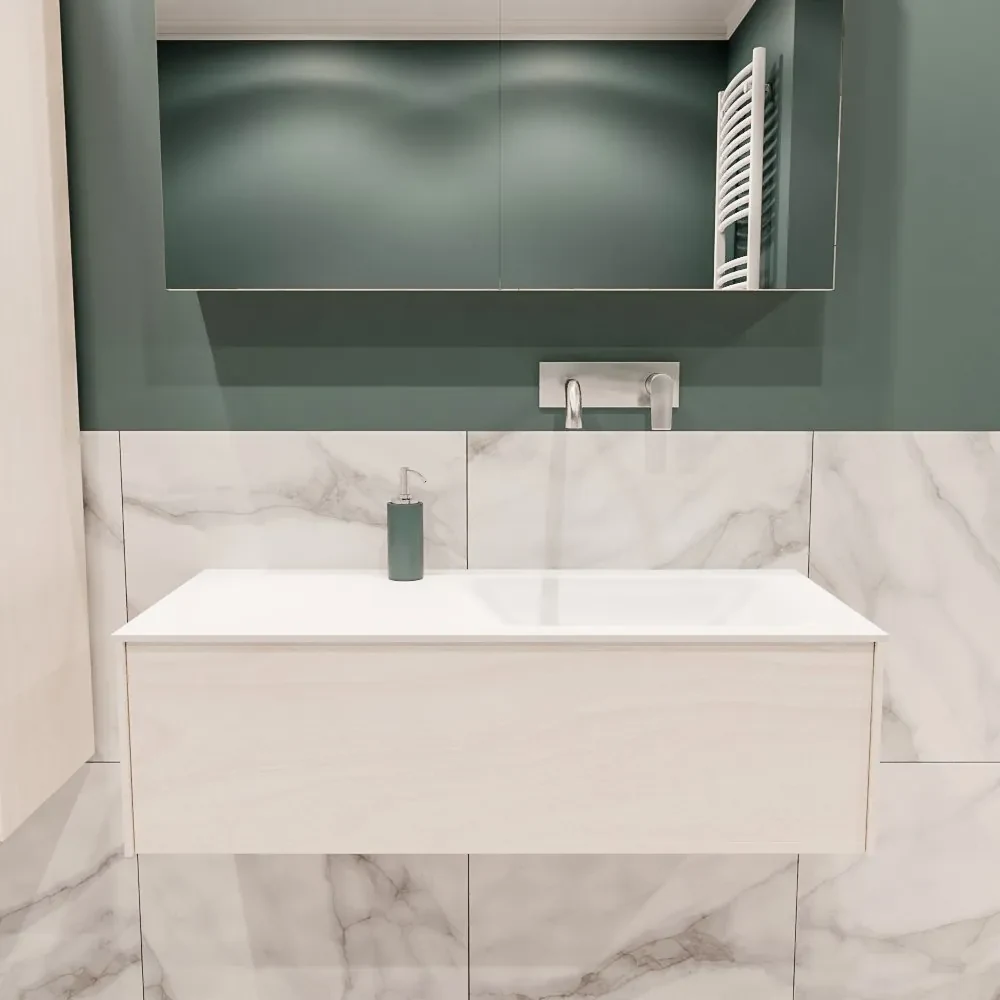 Lush onderkast 100cm in kleur UNDERLAYMENT met 1 lade Push tot open geschikt voor rechtse wastafel. Compleet met solid surface wastafel cloud M35134met 0 kraangat(en)