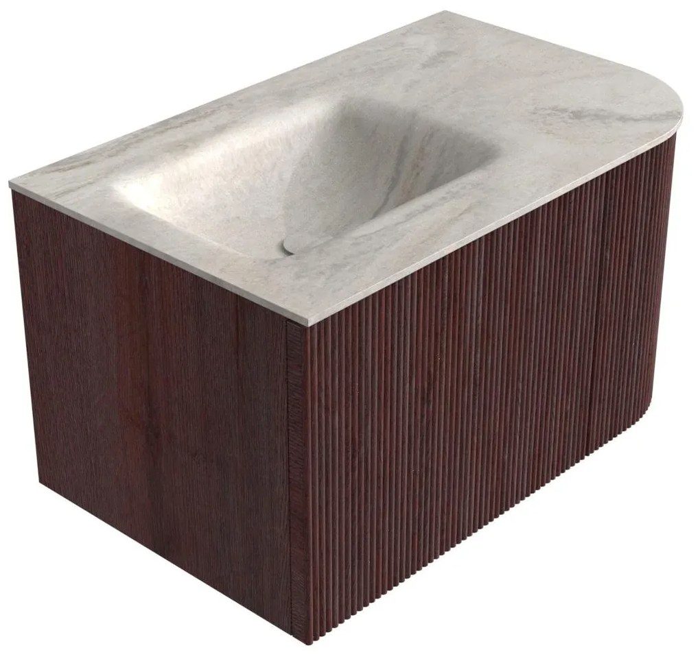 Mondiaz Kurve-dlux 75cm badmeubel ronding rechts ruby met 1 lade en deur en wastafel grunne links zonder kraangat ostra