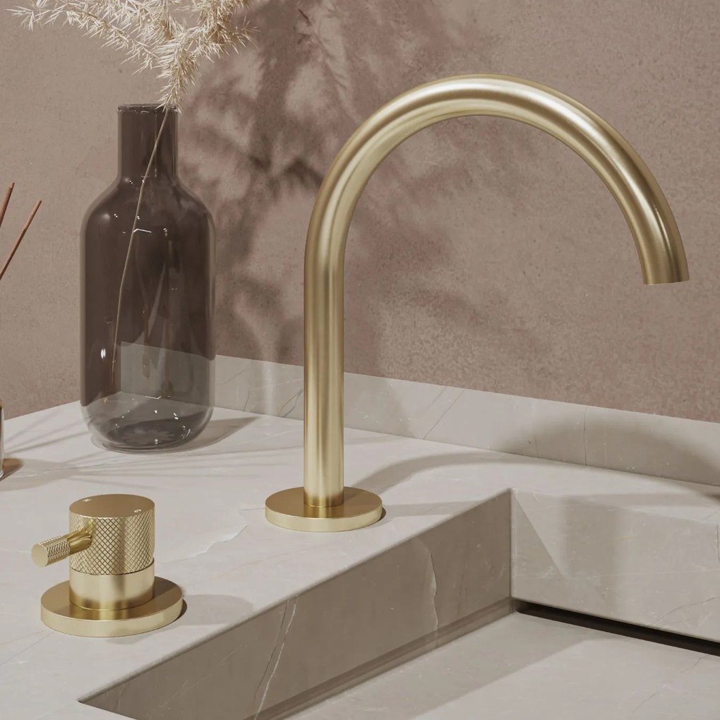 Saniclear Bond Curved wastafelkraan 2-gats met Coldstart geborsteld messing - mat goud