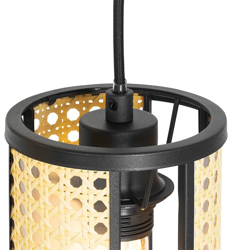 Oosterse hanglamp zwart met rotan 3-lichts rond - Akira Retro E27 Binnenverlichting Lamp