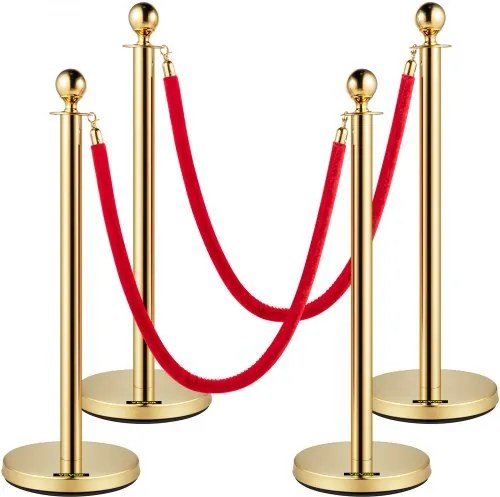 VEVOR 4-delig crowd control systeem, totale hoogte 96 cm, barrière, afzetpaal, geleidingspaal, afzetpaal met 1,5 m touwlengte voor bruiloften, hotels, tentoonstellingen, gouden afzetpaal