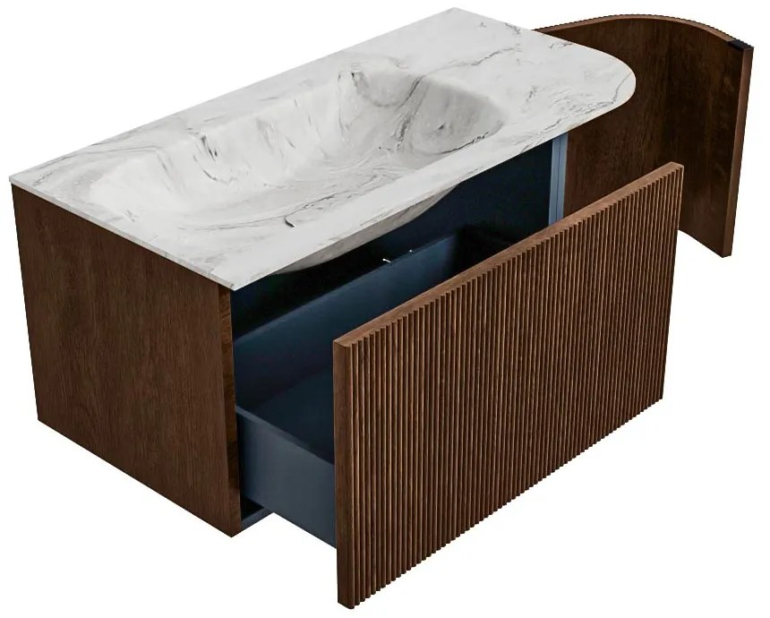 Mondiaz Kurve-dlux 95cm badmeubel ronding rechts walnut met 1 lade en deur en wastafel big small links zonder kraangat glace