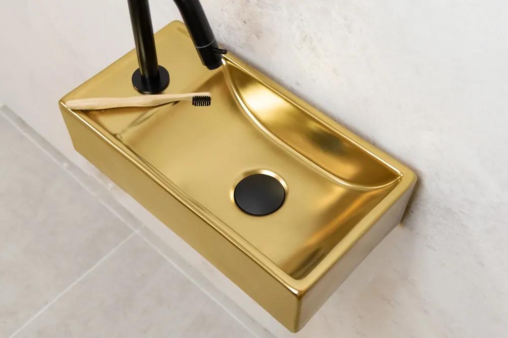 Saniclear Oro fonteinset mat goud met zwarte gebogen kraan links