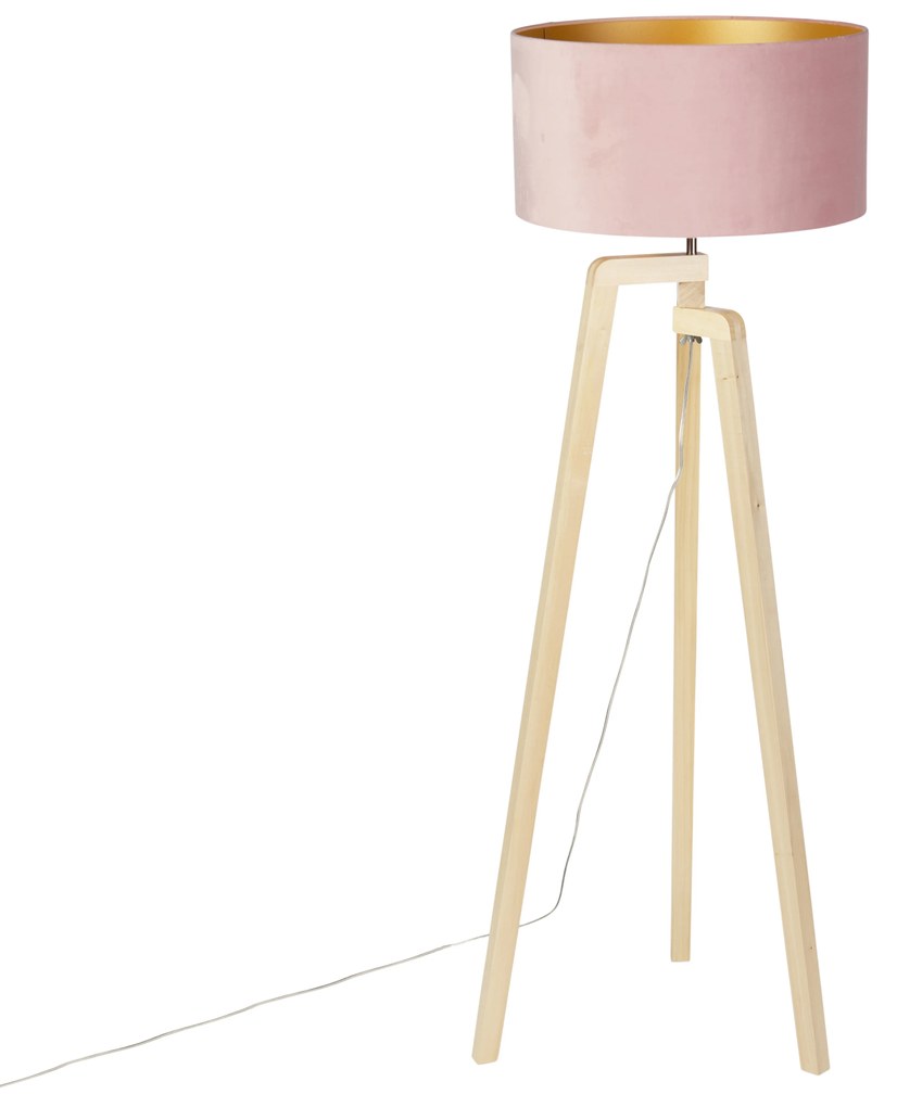Vloerlamp tripod hout met roze velours kap 50 cm - Puros
