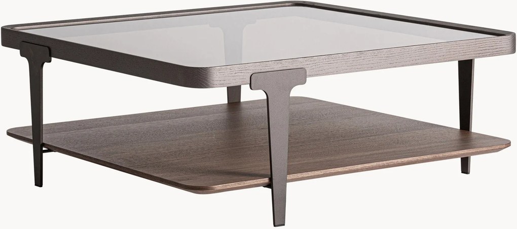 Handgemaakte salontafel Gehofen met essenhouten plank en glazen tafelblad