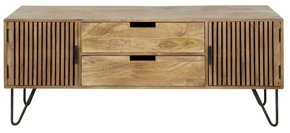Tv-meubel Mangohout Met Ribbel Deuren - 135x35x55cm.