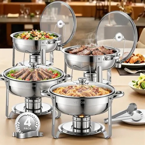 VEVOR Chafing Dish Buffetvoedselwarmer met 4 grote containers (elk 4,7 l), ronde cateringwarmtedispenser met glazen deksel, waterpan en opvouwbare standaard, voor bruiloftsbuffet zilver