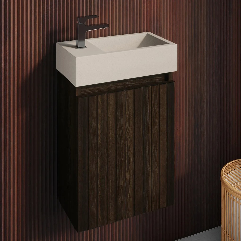 Fontana Crest toiletmeubel ribbelfront kasteel bruin 40x22cm met beige fontein links