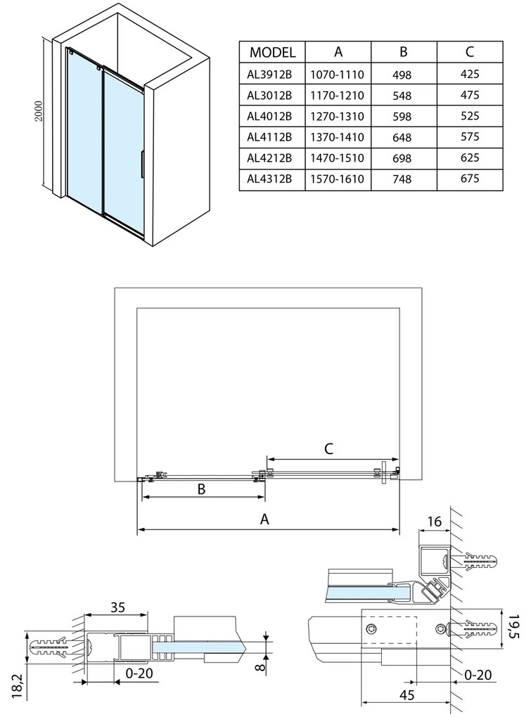 Polysan Altis douchedeur 107-111cm mat zwart