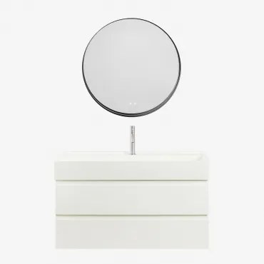 Ona Zwevend Badkamermeubelset Van Hout En Essenfineer Met Geïntegreerde Wastafel Wit & Round Led And Antifog Zwart Ø80 Cm - Sklum