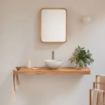 Conjunto Van Meubel 130x45 Cm Hangend In Teakhout Neill Teakhout & Geborsteld Grijs ↑30 Cm Met Aftapkraan Zonder Overloop Alameda & Rond Wit Keramiek