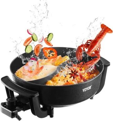 VEVOR Elektrische Hot Pot 1360W 5L Shabu-Shabu Pot met dubbele smaak, antiaanbaklaag op elektrisch fornuis met scheidingswand, helder glazen deksel, temperatuurregeling, Hot Pot voor 6-10 personen