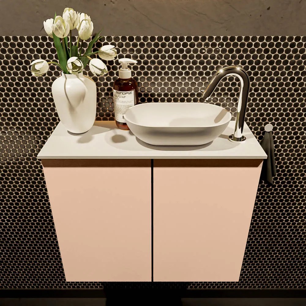 Mondiaz Fowy toiletmeubel 60cm rosee met witte waskom rechts en kraangat