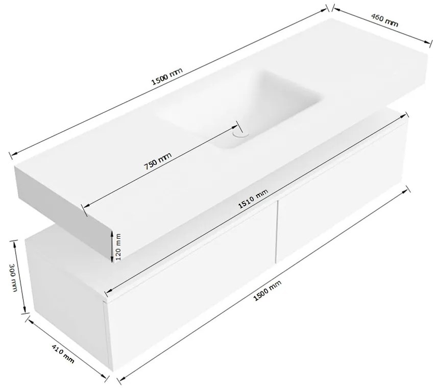 Zaro Alan badmeubel 150cm sand met 2 lades en vrijhangende wastafel midden met kraangat wit mat