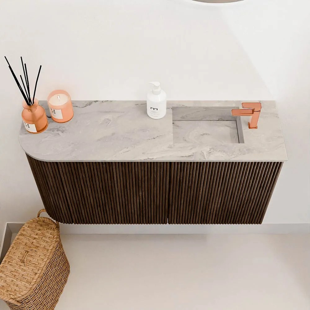 Mondiaz Joya DLux 80cm toiletmeubel ronding links walnut met wastafel faye rechts 1 kraangat glace