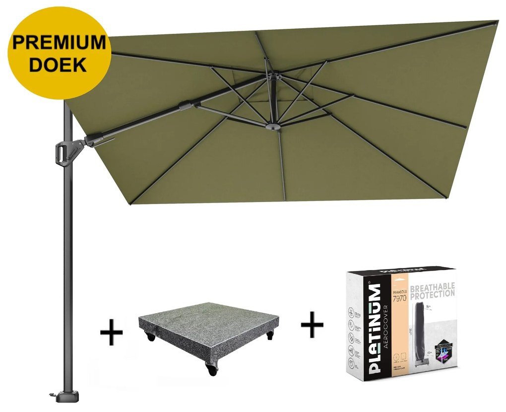 Challenger T2 premium parasol 300x300 cm antraciet lush green met 120 KG voet en hoes
