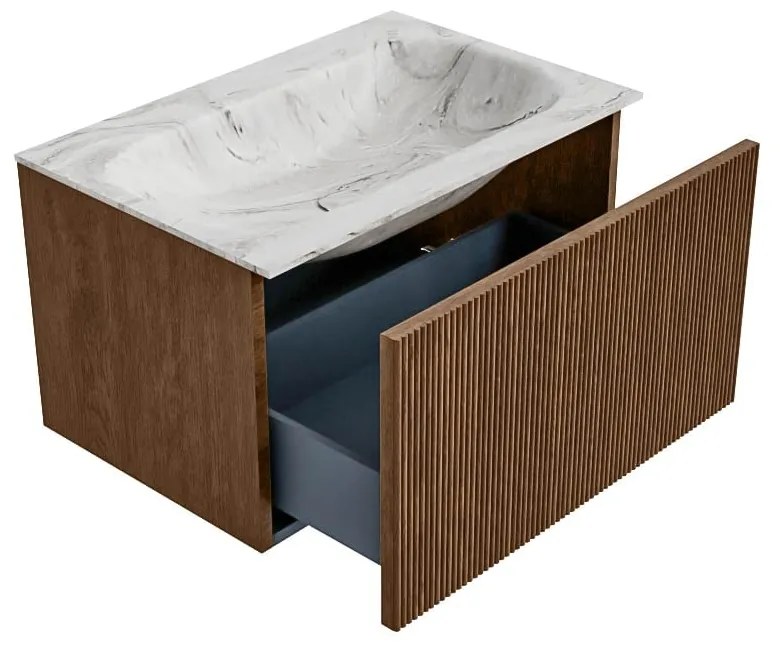 Mondiaz Kurve-dlux 70cm badmeubel walnut met 1 lade en wastafel big small midden 1 kraangat glace