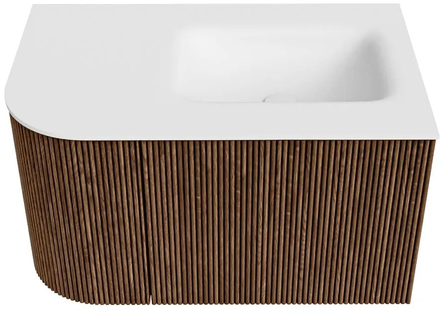 Mondiaz Kurve 75cm badmeubel ronding links walnut met 1 lade en deur en wastafel grunne kraangat rechts