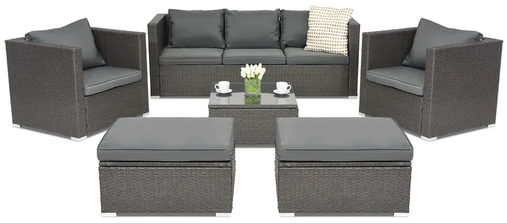 Garden Point antraciet technorattan tuinmeubelen Roma Coffee 5 + 2 poefs