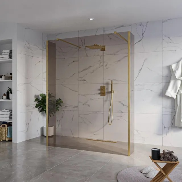 Fortifura Galeria Vrijstaande Inloopdouche - 160x200cm - Rookglas - antikalk - 8mm veiligheidsglas - 2 zijwanden 40cm - wandsteunen en hoekprofielen - Geborsteld Messing PVD (Goud) SW927770 2x/SW797942/SW797934 2x/SW798731 2x