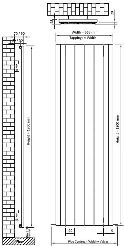 Eastbrook Peretti radiator 55x180cm aluminium 1896W zwart mat