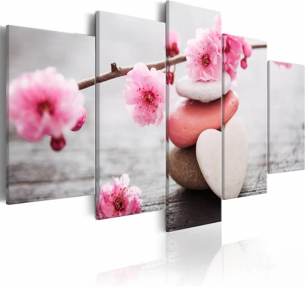 Schilderij - Stenen en bloemen , grijs roze , 5 luik