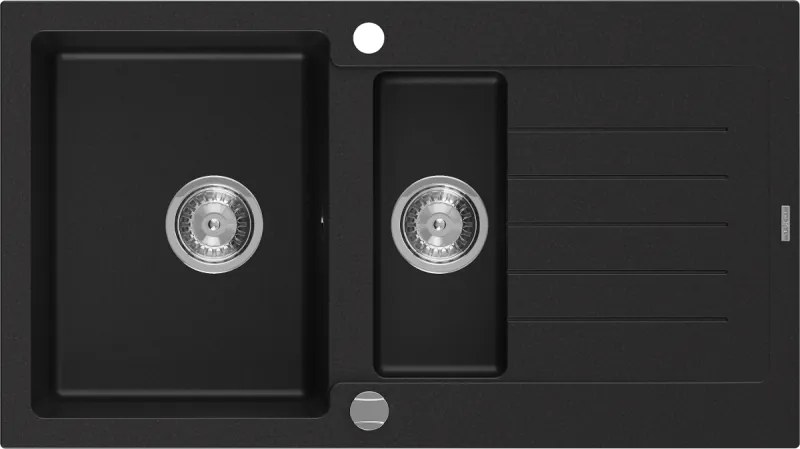 Mexen Matias grijze granieten spoelbak 1,5-compartement met afdruiprek 900 x 505 mm, zwart, chrom sifon - 6502901505-77