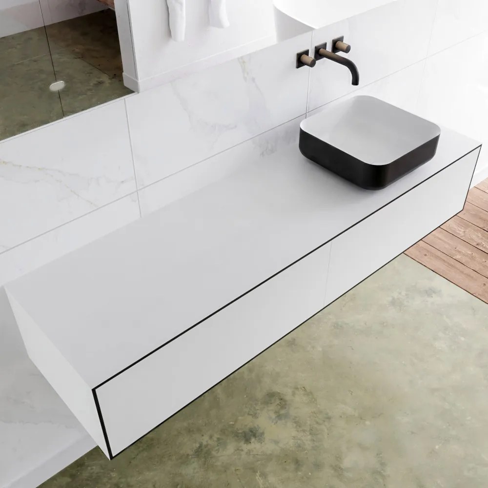 Zaro Lagom volledig naadloos solid surface onderkast met topblad 160cm mat zwart met 2 lades Push tot open. Compleet met solid surface opzetkom met 0 kraangat(en)