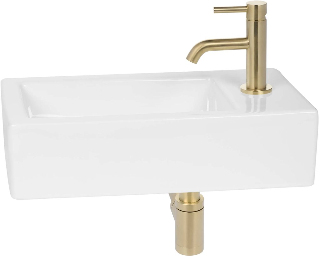 Saqu fonteinset met gouden kraan rechts glanzend wit keramiek