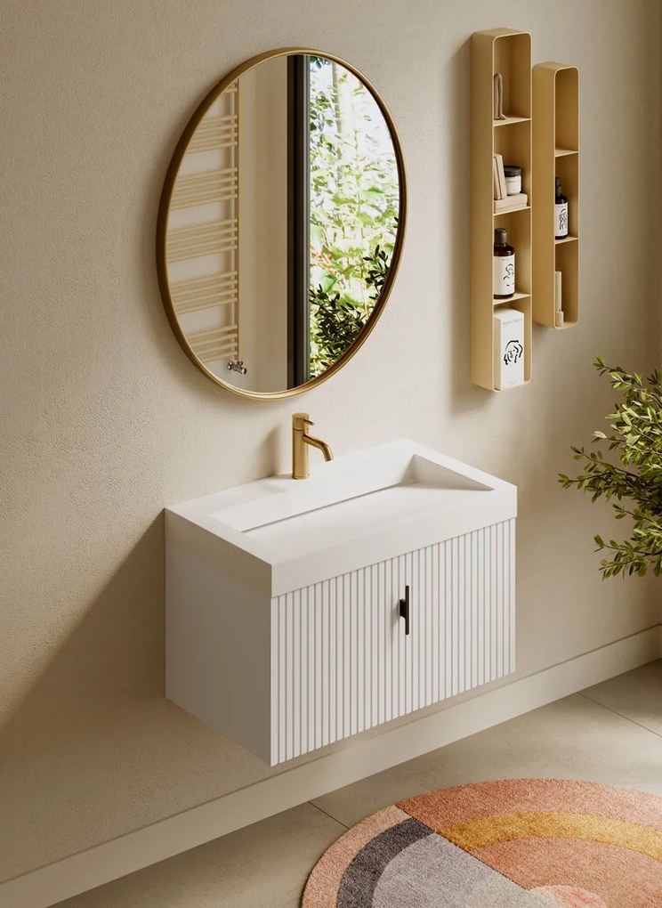 Muebles Calas badmeubel ribbelfront 80cm wit mat met solid surface wastafel met kraangat