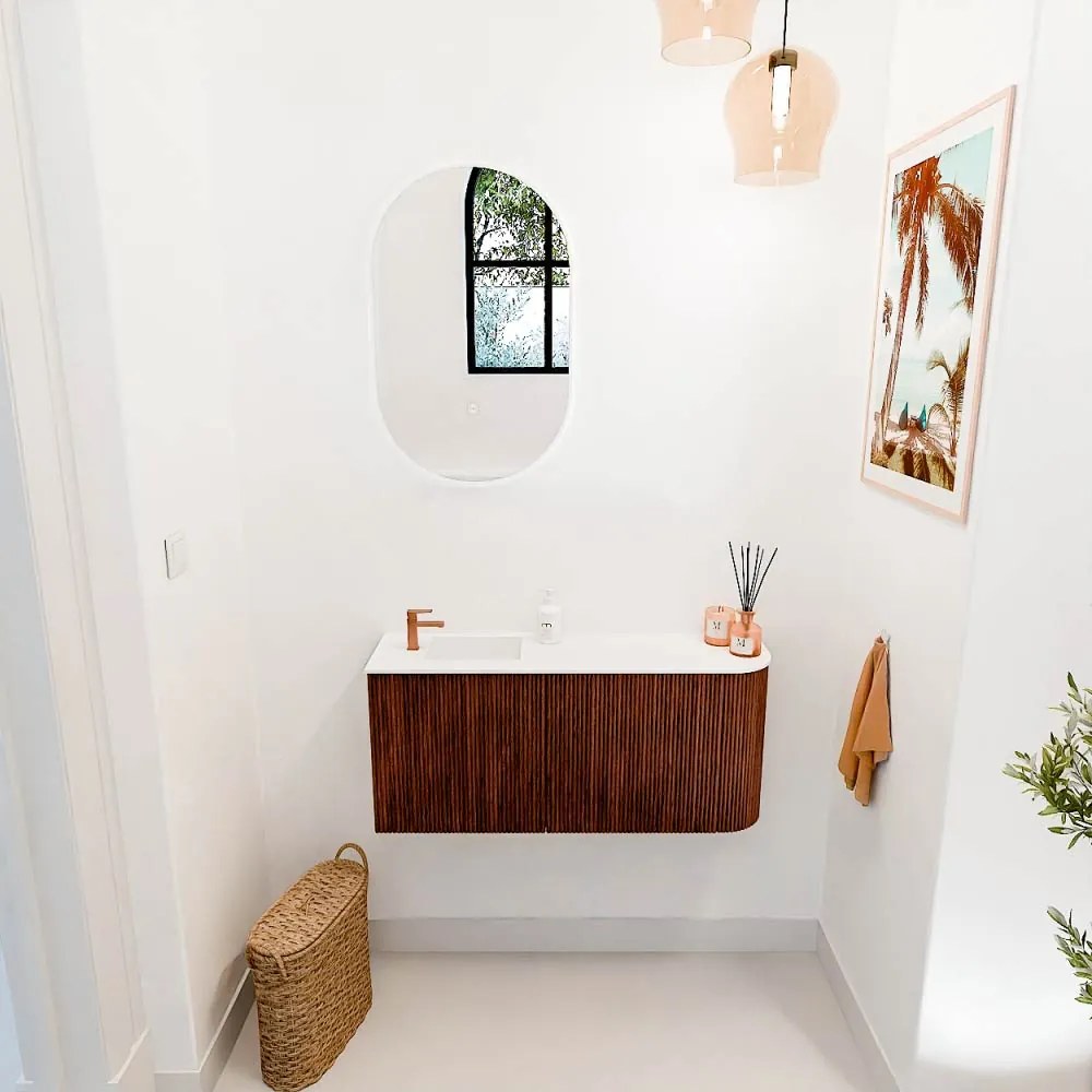 Mondiaz Joya 90cm toiletmeubel ronding rechts ruby met wastafel faye links 1 kraangat talc