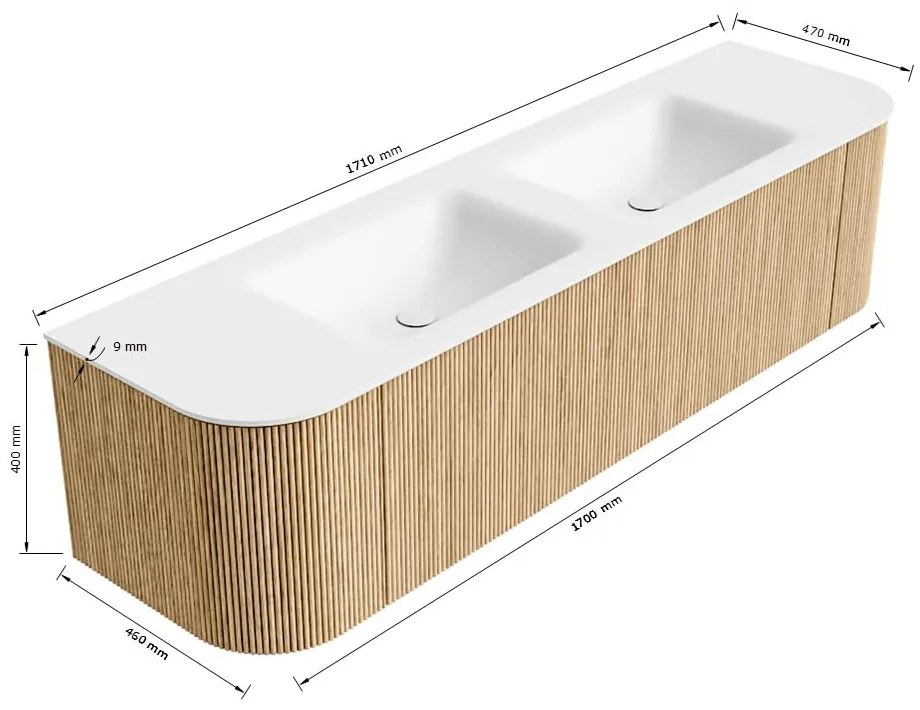 Mondiaz Kurve 170cm badmeubel ronding links/rechts oak met 1 lade en 2 deuren en wastafel cloud dubbel zonder kraangat urban