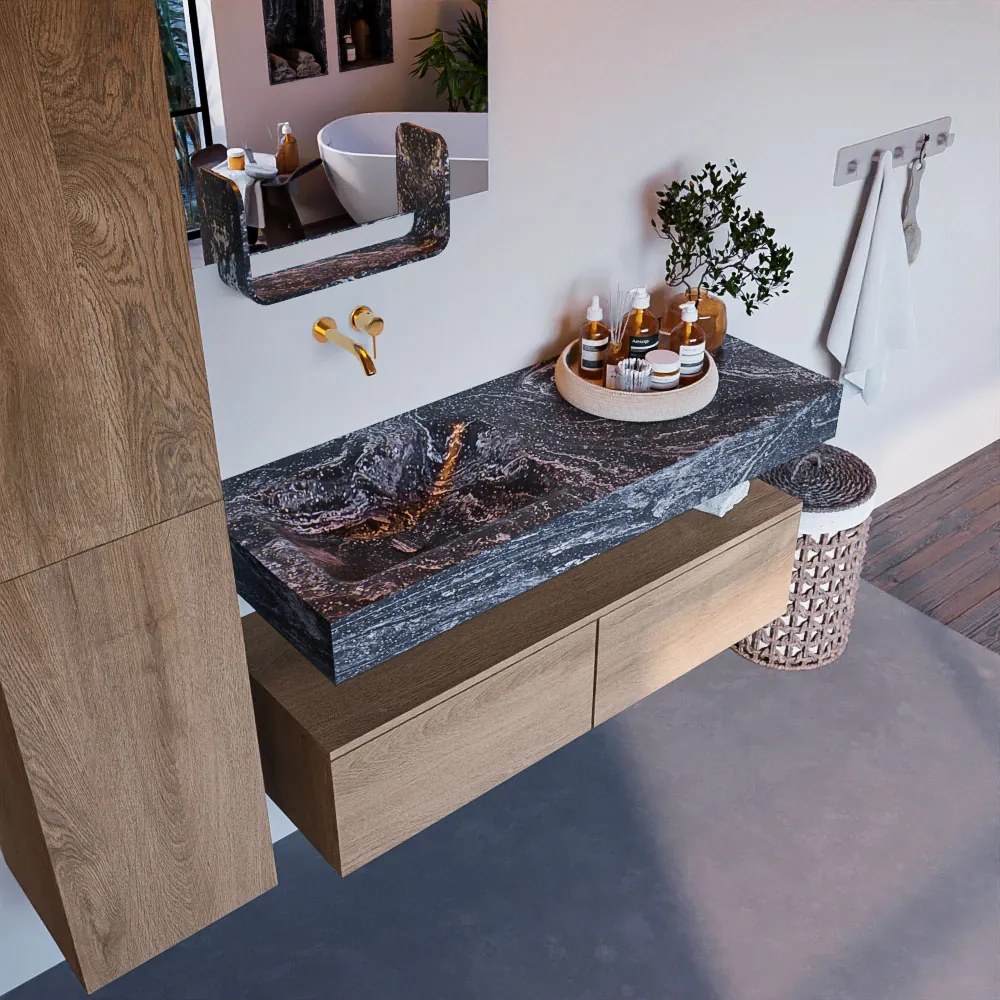 Mondiaz Alan DLux badmeubel 120cm washed oak 2 lades met wastafel lava links zonder kraangat