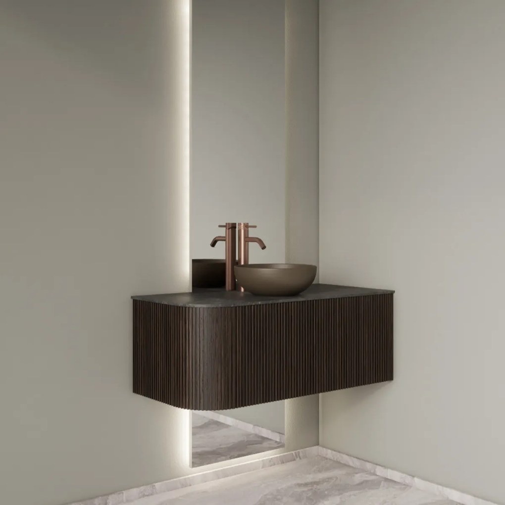 Gliss Design Alluro badmeubel ribbelfront met ronding links 100cm ebony en zwart leisteen toppaneel