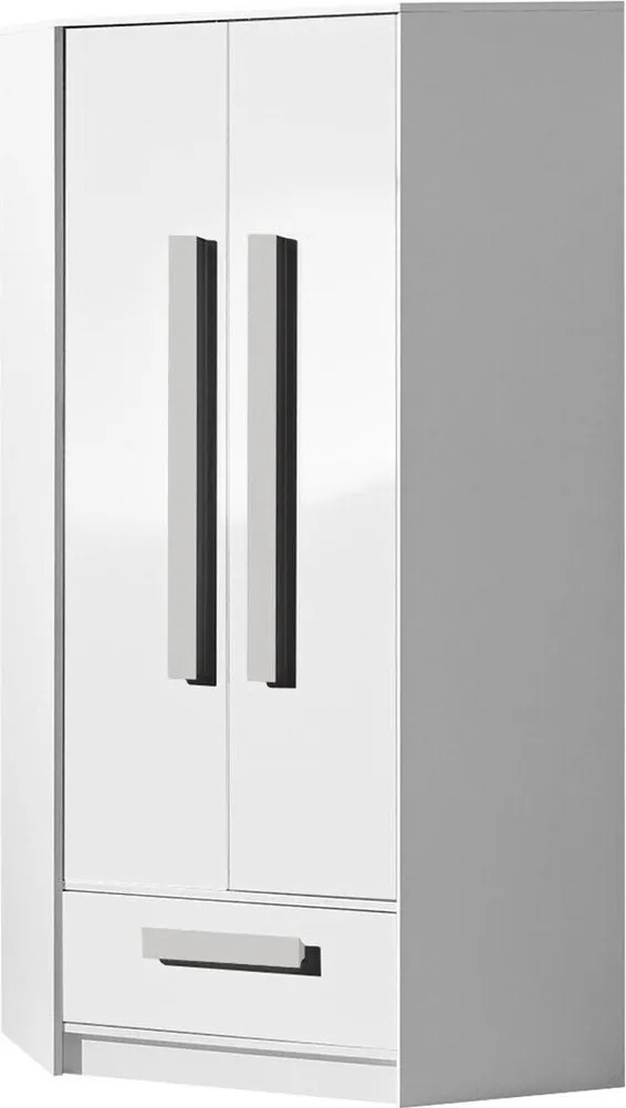 Hoekkledingkast Merevari 103, Glanzend wit, Grijs, Wit, 191x87x87cm, 79.9 kg, Kledingkast deuren: Met scharnieren, Aantal planken: 3, Aantal planken: 3