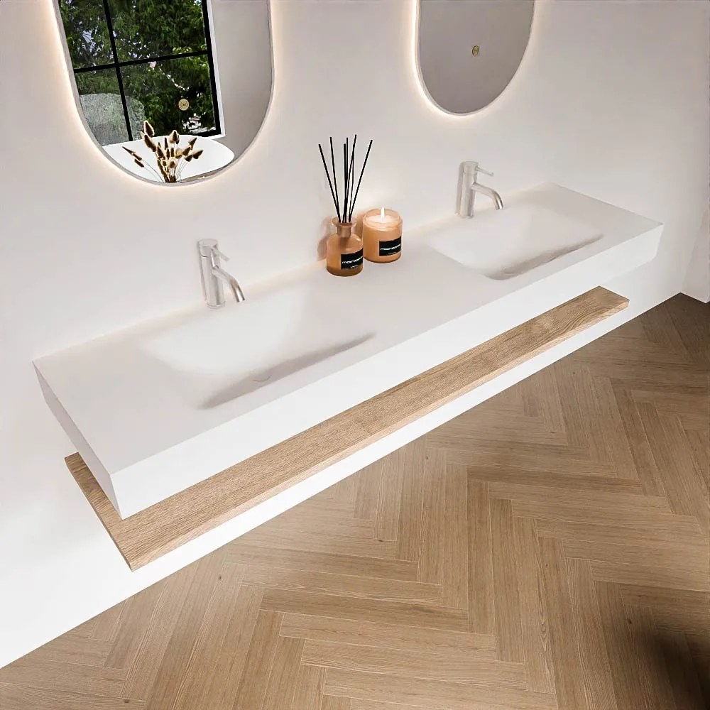 Zaro Alan badmeubel 180cm met planchet washed oak en vrijhangende wastafel cloud dubbel 2 kraangaten talc