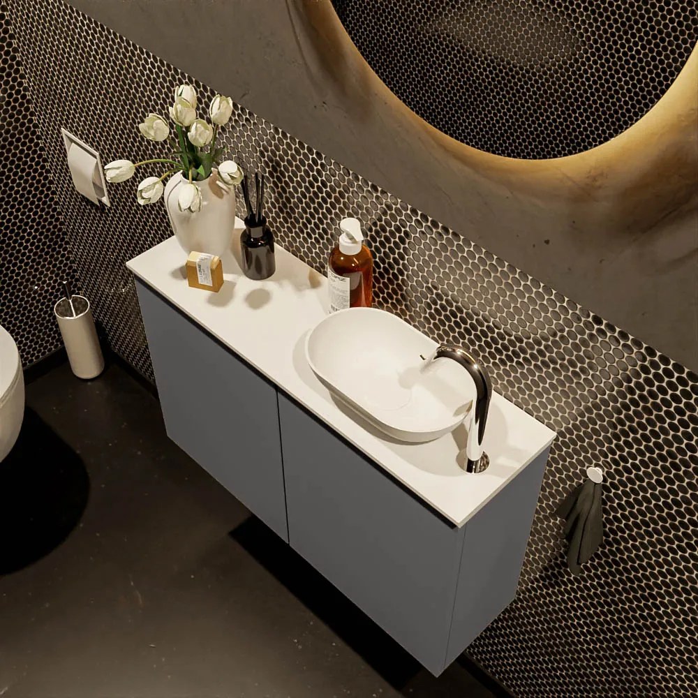 Mondiaz Fowy toiletmeubel 80cm dark grey met witte waskom rechts en kraangat