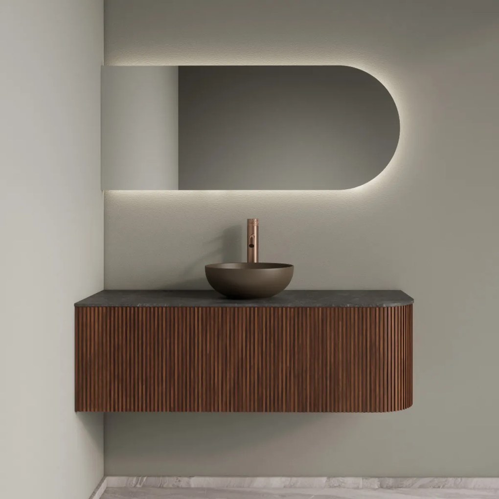 Gliss Design Alluro badmeubel ribbelfront met ronding rechts 120cm walnut en zwart leisteen toppaneel